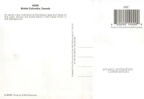 AK / Ansichtskarte Hope_British_Columbia An aerial view overlooking Kawkawa Lake and Hope to the west shows the sharp bend in the Fraser River Hope_British_Columbia