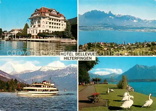 AK / Ansichtskarte Hilterfingen_Thunersee Hotel Bellevue Teilansichten See Schwaene am See Hilterfingen Thunersee