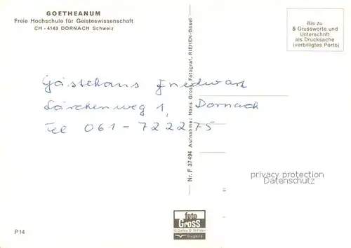 AK / Ansichtskarte Dornach_SO Fliegeraufnahme Goetheanum Freie Hochschule f. Geisteswissenschaften Dornach_SO
