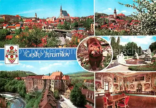 AK / Ansichtskarte Cesky_Krumlov Mocnymi Vitkovci hrad ma dve casti Goticky Hradek V zamecke zahrade je krasne a keskadova fontana se sochami bozstev Prosluly Meskarni sal zamku vyzdobil malir Josef Lederer Cesky Krumlov
