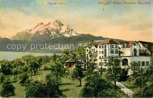 AK / Ansichtskarte Weggis_Vierwaldstaettersee Hotel Pension Baumen m. See u. Pilatus Weggis_Vierwaldstaettersee