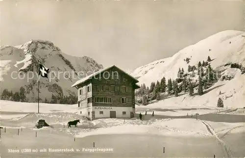 AK / Ansichtskarte Stoos_SZ Stoss m. Hauserstock u. Furggelenpass Ferienhaus Alpenblick im Schnee Stoos_SZ