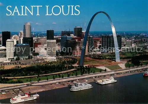 AK / Ansichtskarte St_Louis_Missouri Aerial view The Gateway Arch the Old Cathedral Busch Stadium and the riverboats docked on the Mississippi River St_Louis_Missouri