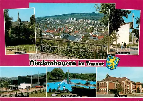 AK / Ansichtskarte Niedernhausen_Taunus Ev Kirche Panorama Kath Kirche Autalhalle Waldschwimmbad Rathaus Niedernhausen Taunus