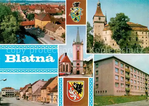 AK / Ansichtskarte Blatna Pohled z veze zamku Vodni zamek Kostel Gotwaldova trida Sidliste Blatna