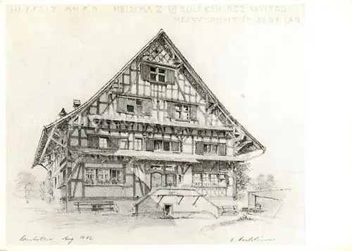 AK / Ansichtskarte Lutikon_Hombrechtikon_ZH Riegelhaus Zeichnung Fachwerkhaus 