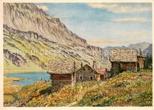 AK / Ansichtskarte Maloja_GR Zeichnung Berge See Huetten Kuenstlerkarte Zuppinger Maloja_GR