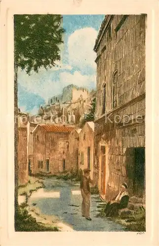 AK / Ansichtskarte Les_Baux_de_Provence Rue des Fours et le chateau Peinture Kuenstlerkarte 