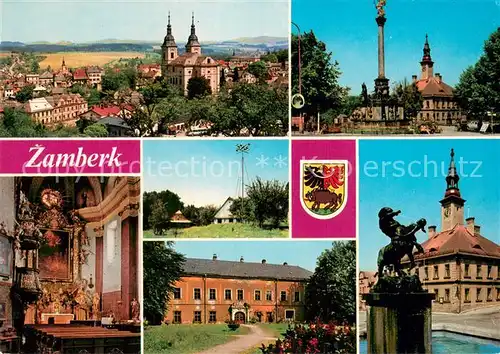 AK / Ansichtskarte Zamberk_CZ Panorama Mariansky sloup se starou radnici na Mirovem namesti Bronzova plastika od mistniho rodaka Fr Rouse Kentaur a Nymfa Rodna chalupa Prokopa Divise vynalezce hromosvodu Zahradni pruceli zamu Hlavni oltar kostela sv Vacla