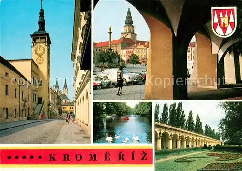 AK / Ansichtskarte Kromeriz_Kremsier_CZ Prusinovskeho ulice s radnici v pozadi chram sv Morice Loubi Velkeho namesti se zameckou vezi Podzamecka zahrada Kolonada v Kvetne zahrade 