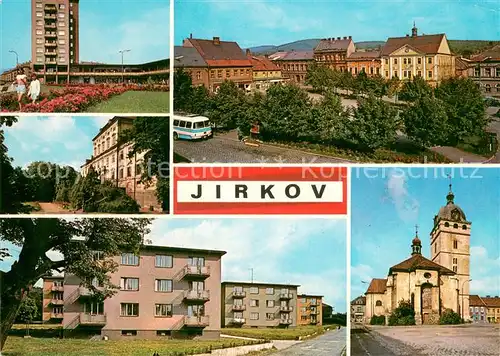 AK / Ansichtskarte Jirkov_CZ Obchodni centrum Gottwaldovo namesti zamek Cerveny Hradek Fucikova ctvrf kostel 