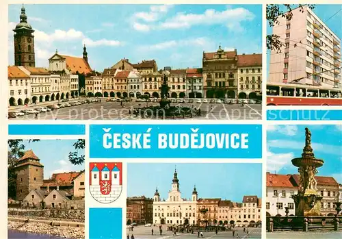 AK / Ansichtskarte Ceske_Budejovice Stadtplatz Hochhaus Schloss Denkmal Ceske Budejovice