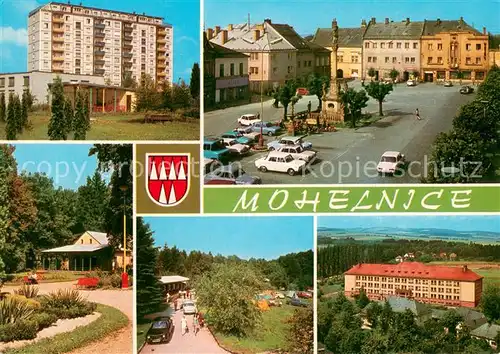 AK / Ansichtskarte Mohelnice_Mueglitz_Czechia Pamatkou barokni sloup na namesti Ve meste rostou nove obytne domy na moderni budovu skol 