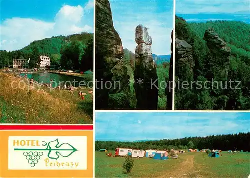 AK / Ansichtskarte Prihrazy_CZ Hotel Prihrazy s koupalistem Skalni utvar Barberina Skalni utvar Kobyla Autocamping 