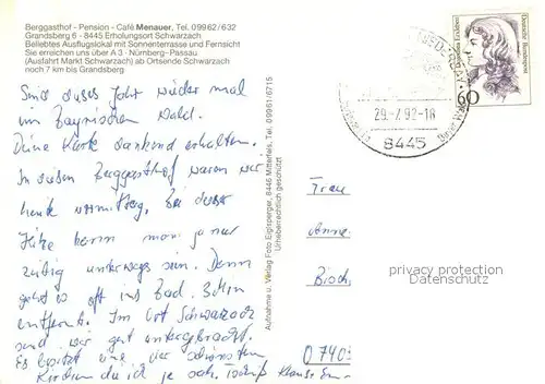 AK / Ansichtskarte Schwarzach_Straubing Bogen Berggasthof Pension Cafe Menauer Gastraeume Hinweisschild Schwarzach