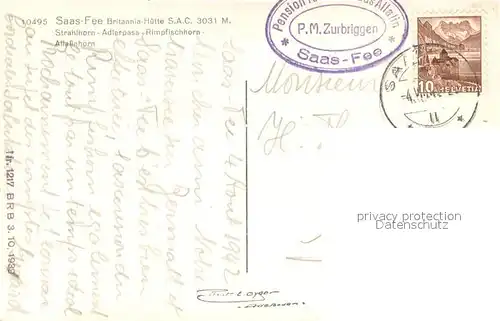 AK / Ansichtskarte Saas Fee Britannia Huette Strahlhorn Adlerpass Rimpfischhorn Allalinhorn Saas Fee
