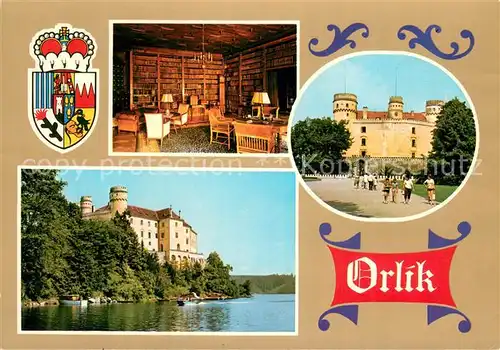 AK / Ansichtskarte Orlik_nad_Vltavou Zamek a novogotickym Goticky hradek v polovine Orlicke prehrady se temer zmenil ve vodni zamek Orlik_nad_Vltavou