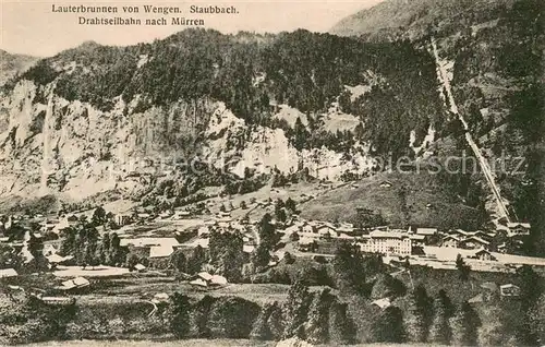 AK / Ansichtskarte Lauterbrunnen_BE von Wengen mit Staubbach und Drahtseilbahn nach Muerren Lauterbrunnen BE