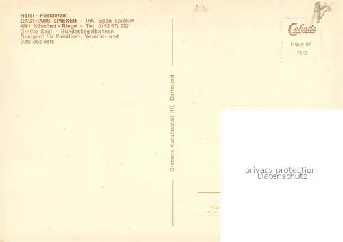 AK / Ansichtskarte Riege_Hoevelhof Gasthaus Spieker Bar Gaststube Festsaal Riege Hoevelhof