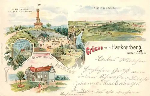 AK / Ansichtskarte Harkortberg_Wetter_Ruhr Harkortdenkmal auf dem alten Stamm Blick in das Ruhrthal Restaurant Schermann 