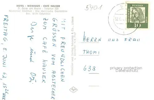 AK / Ansichtskarte St_Goar Hotel Weinhaus Cafe Hauser St_Goar