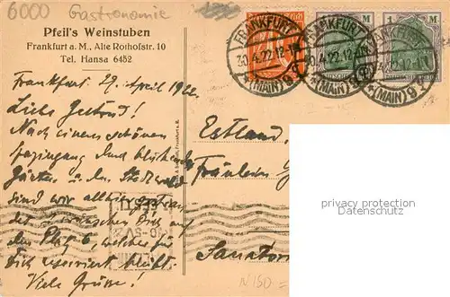 AK / Ansichtskarte Frankfurt_Main Pfeils Weinstuben Frankfurt Main