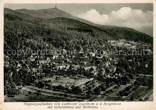 AK / Ansichtskarte Jugenheim_Seeheim Jugenheim Fliegeraufnahme mit Schwimmbad und Melibokus Jugenheim