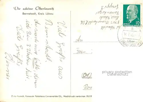 AK / Ansichtskarte Bernstadt_Loebau Kirche Marktplatz Freibad Bernstadt_Loebau