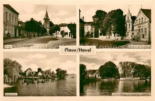 AK / Ansichtskarte Plaue_Havel Kirche Rathaus HO Hotel Fischerhafen Plauer Schleuse Restaurant Seeblick Plaue_Havel