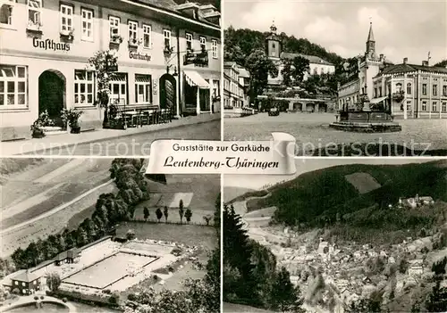 AK / Ansichtskarte Leutenberg_Thueringen Gaststaette zur Garkueche Marktplatz Freibad Panorama Leutenberg Thueringen