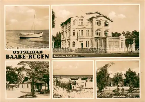 AK / Ansichtskarte Baabe_Ostseebad_Ruegen Geschwister Scholl Heim Zeltplatz Strand Konzertplatz Baabe_Ostseebad_Ruegen
