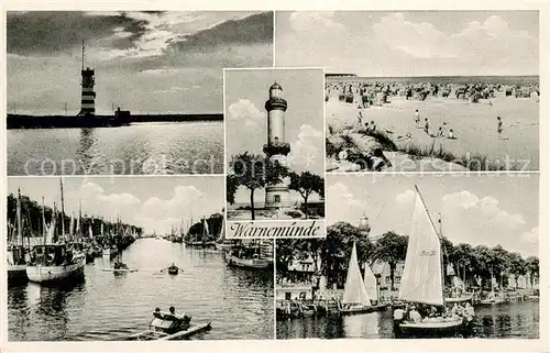 AK / Ansichtskarte Warnemuende_Ostseebad Leuchtturm Strand Bootshafen Warnemuende_Ostseebad