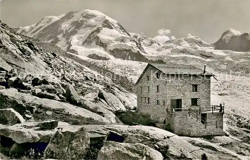 AK / Ansichtskarte Monte_Rosa_Huette mit Grenzgletscher Lyskamm Castor und Pollux Berghuette Walliser Alpen Monte_Rosa_Huette