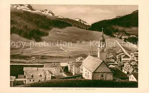 AK / Ansichtskarte Spluegen_GR Ortsansicht mit Kirche Spluegenpass mit Surettahoerner Spluegen_GR