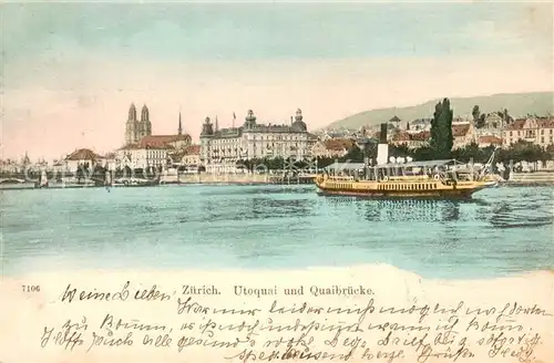 AK / Ansichtskarte Zuerich_ZH Utoquai und Quaibruecke Dampfer Zuerichsee Zuerich_ZH