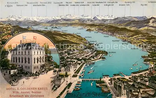 AK / Ansichtskarte Zuerich_ZH Stadt und Zuerichsee Alpenkette aus der Vogelperspektive Hotel zum Goldenen Kreuz Erlenbach Zuerich_ZH