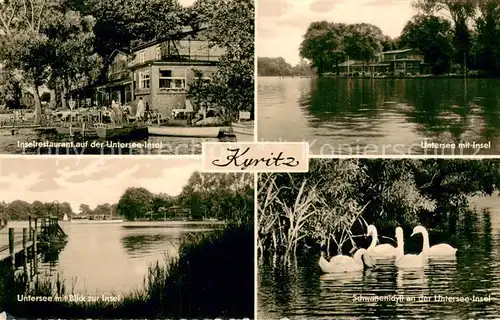 AK / Ansichtskarte Kyritz_Brandenburg Inselrestaurant auf der Untersee Insel Teilansichten Schwaene Kyritz Brandenburg
