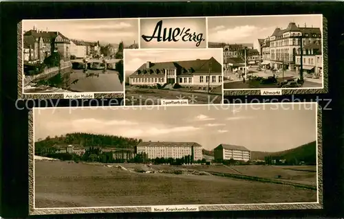 AK / Ansichtskarte Aue_Erzgebirge Muldepartie Sportlerheim Altmarkt Neue Krankenhaeuser Aue_Erzgebirge