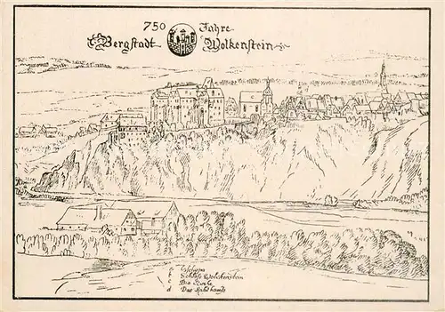 AK / Ansichtskarte Wolkenstein_Erzgebirge Bergstadt um 1600 Federzeichnung Wolkenstein_Erzgebirge