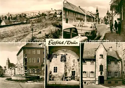 AK / Ansichtskarte Eisfeld Teilansicht August Bebel Strasse Platz des Friedens Eingang zum Schloss Schlosshof Eisfeld