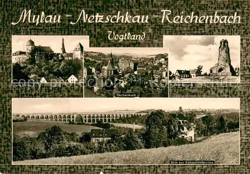 AK / Ansichtskarte Reichenbach_Vogtland Burg Mylau Ortspartie Kuhbergbaude Goeltzschtalbruecke Reichenbach_Vogtland