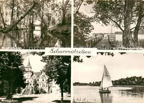 AK / Ansichtskarte Scharmuetzelsee Springseebruecke Bootssteg Schwarzhorn Wendisch Rietz Scharmuetzelsee