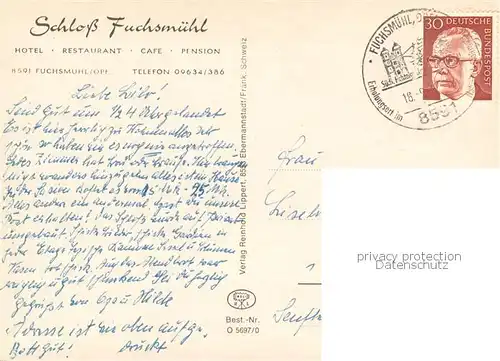 AK / Ansichtskarte Fuchsmuehl Schloss Fuchsmuehl Hotel Restaurant Gastraeume Zimmer Fuchsmuehl
