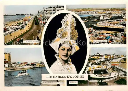 AK / Ansichtskarte Les_Sables d_Olonne_85 La plage et le remblai Costume Sablais vue aerienne du port la piscine 