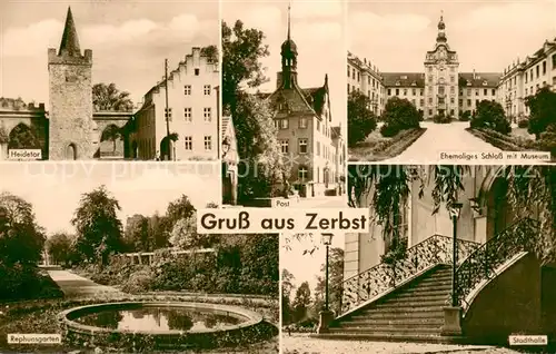 AK / Ansichtskarte Zerbst Heidetor Post ehemaliges Schloss mit Museum Rephunsgarten Stadthalle Zerbst