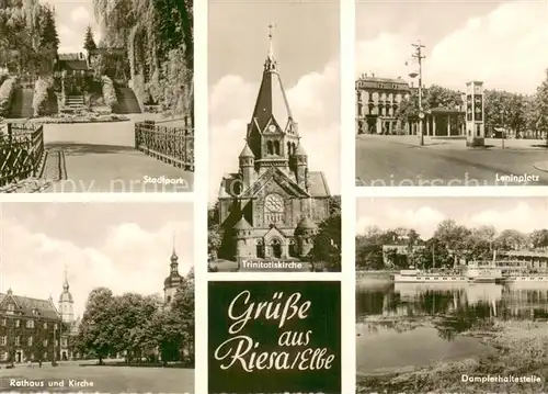 AK / Ansichtskarte Riesa_Sachsen Stadtpark Trinitatiskirche Leninplatz Rathaus und Kirche Dampferhaltestelle Riesa Sachsen