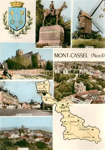 AK / Ansichtskarte Mont Cassel_Nord Statue du Marechal Foch Le Moulin La Collegiale Notre Dame Place Marechal Foch Vue generale 