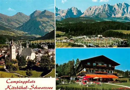 AK / Ansichtskarte Kitzbuehel_Tirol Campingplatz mit Wildem Kaiser Hotel Bruggerhof am Schwarzsee Panorama Kitzbuehel Tirol