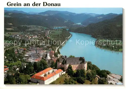 AK / Ansichtskarte Grein_Donau_Oberoesterreich Fliegeraufnahme mit Schloss Greinburg Grein_Donau