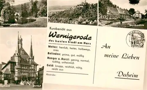 AK / Ansichtskarte Wernigerode_Harz Christianental Storchmuehle Rathaus Wernigerode Harz